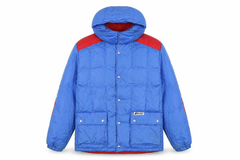 Front view of By Blacks women’s blue puffer jacket coat, size L, zip
