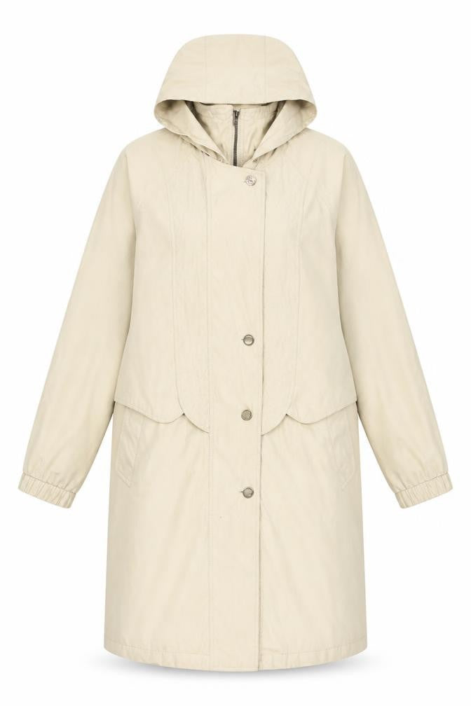 Front view of Canda women’s beige overcoat coat, size UK 18, zip