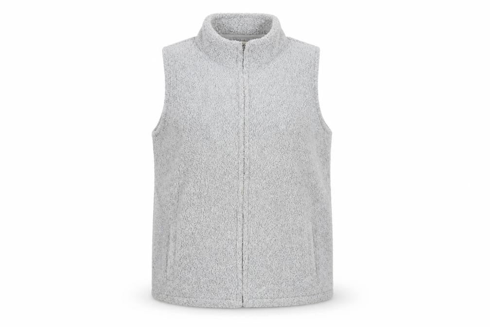 Front view of EWM women’s grey gilet jacket, size UK 14, zip