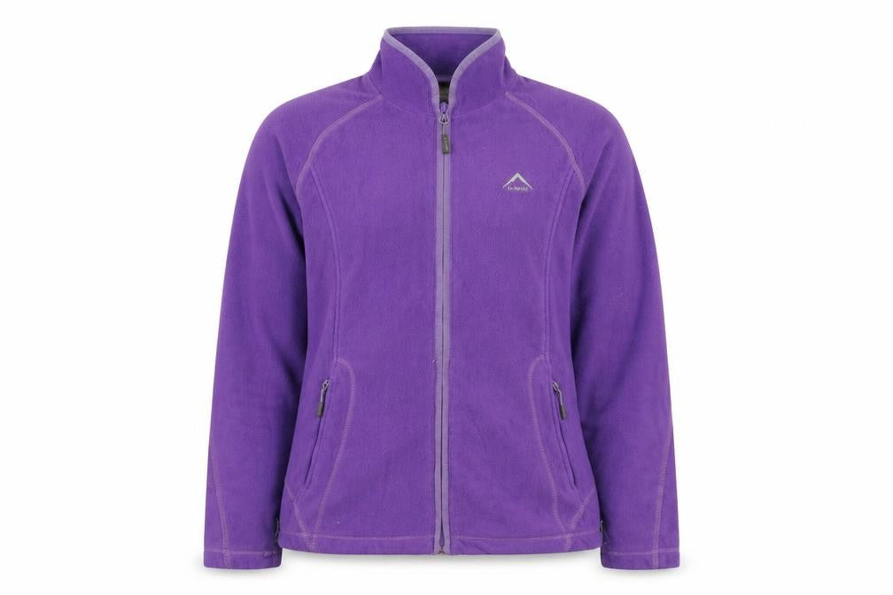 Front view of K-Way women’s purple polyester full zip sweatshirt, size M, zip