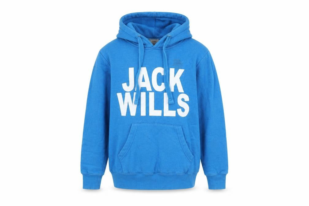 Front view of Jack Wills boys’ blue cotton pullover hoodie, size S, pullover