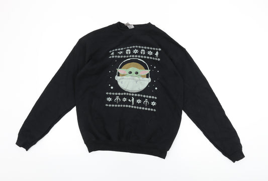 Front view of Star Wars women’s black cotton pullover sweatshirt, size XL, pullover - baby yoda, christmas jumper