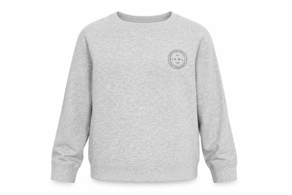 Front view of Jack Wills women’s grey cotton pullover sweatshirt, size UK 8, pullover