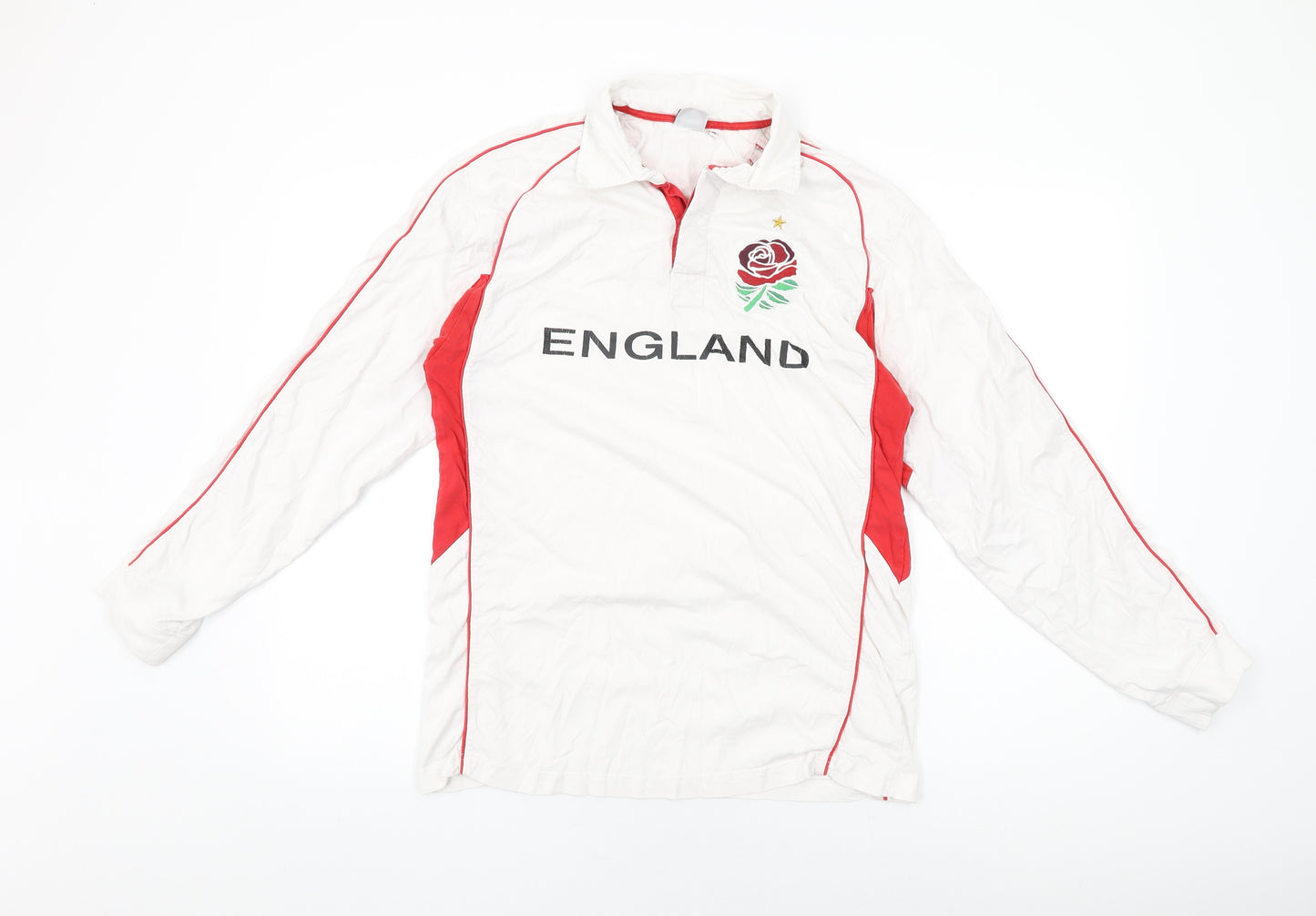 England Mens White Cotton T-Shirt Size M Collared - England Print