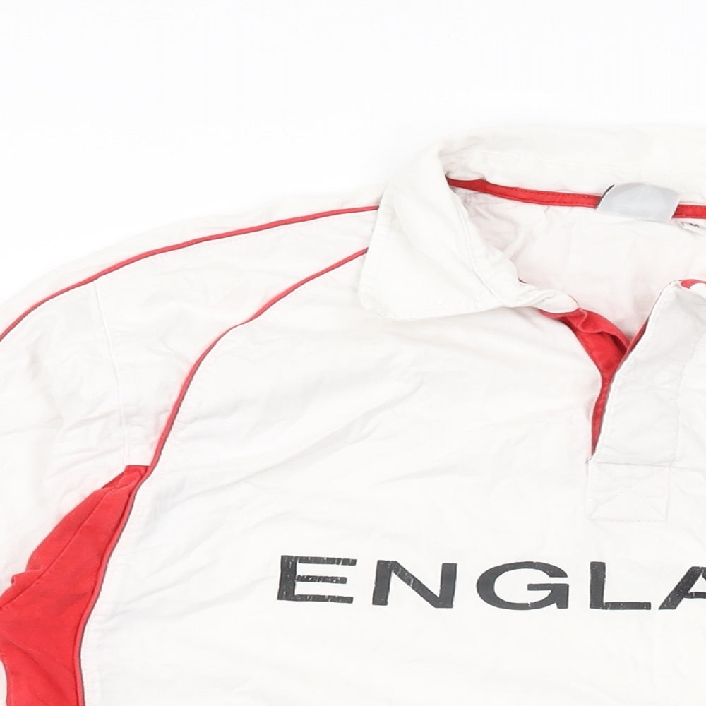 England Mens White Cotton T-Shirt Size M Collared - England Print