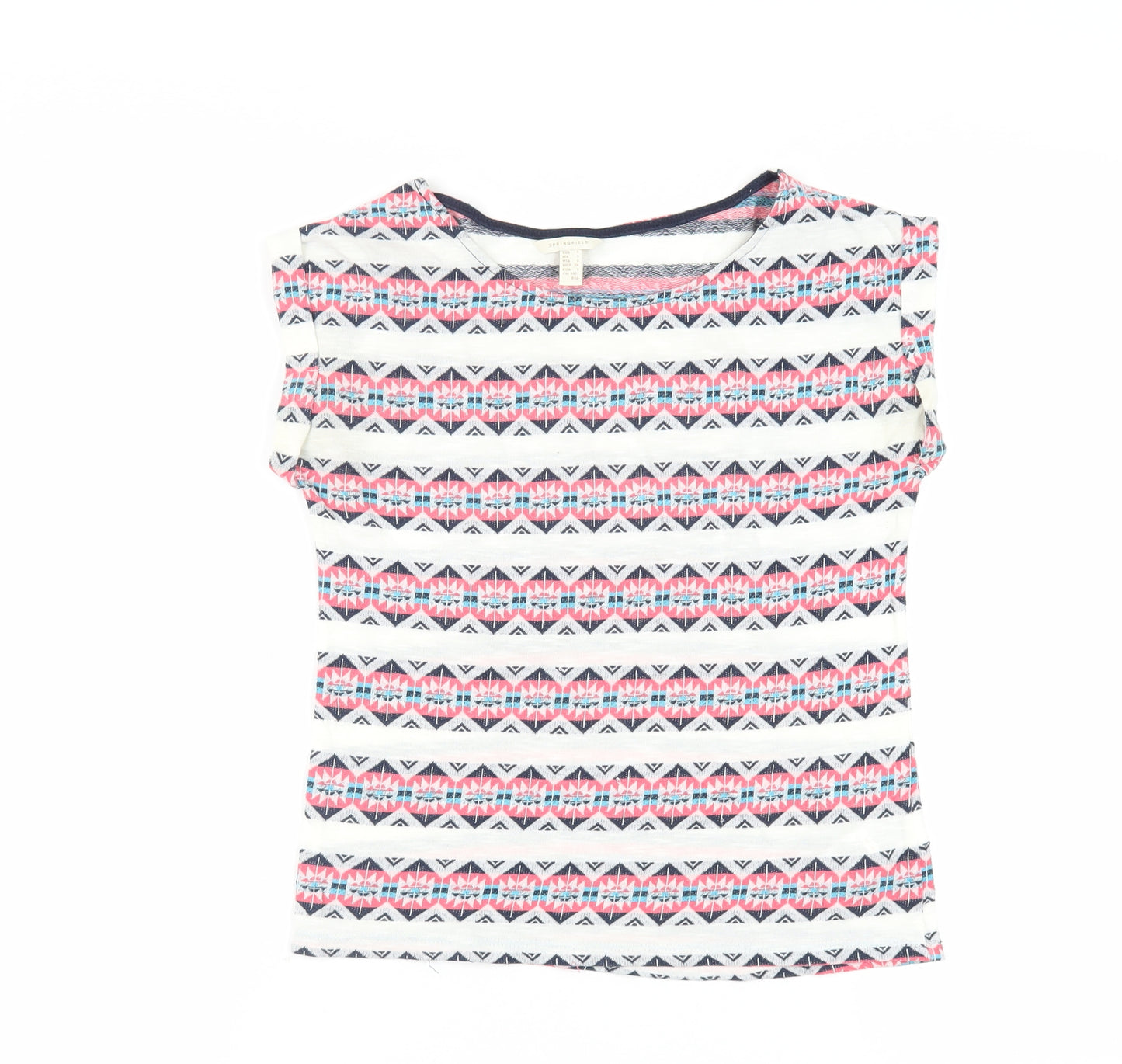 Springfield Womens Ivory Geometric Cotton Basic T-Shirt Size S Boat Neck