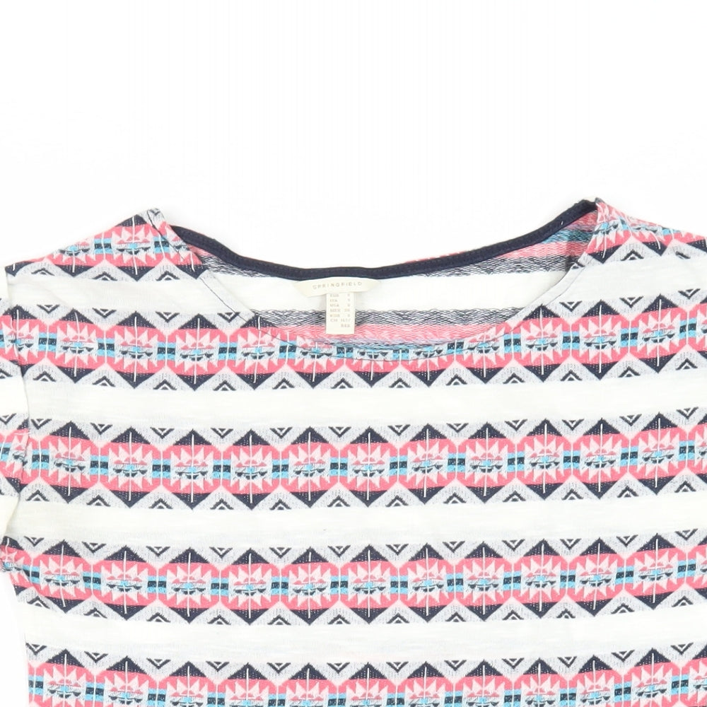 Springfield Womens Ivory Geometric Cotton Basic T-Shirt Size S Boat Neck