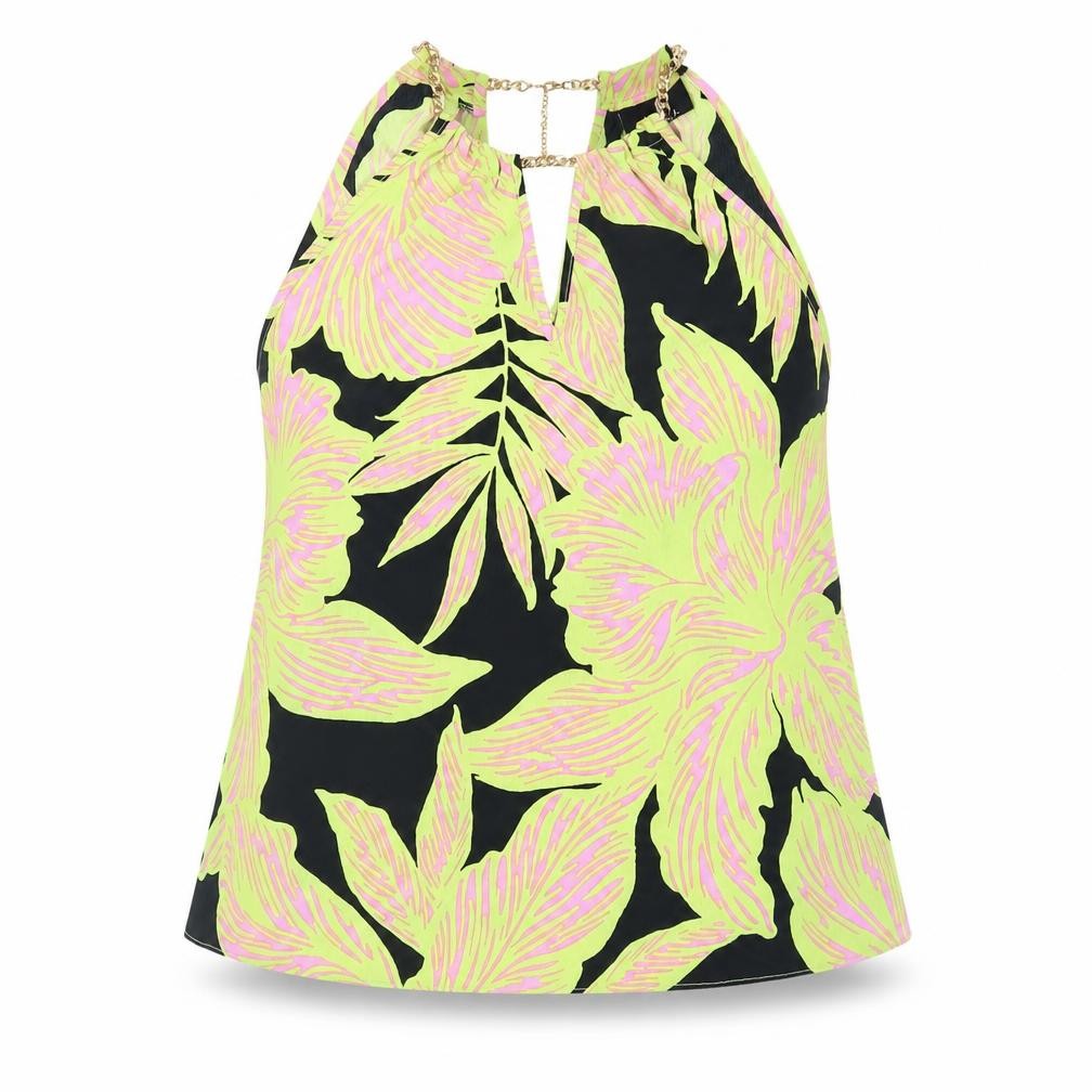 Front view of Wallis women’s black floral polyester basic blouse, size UK 10, v-neck - chain detail