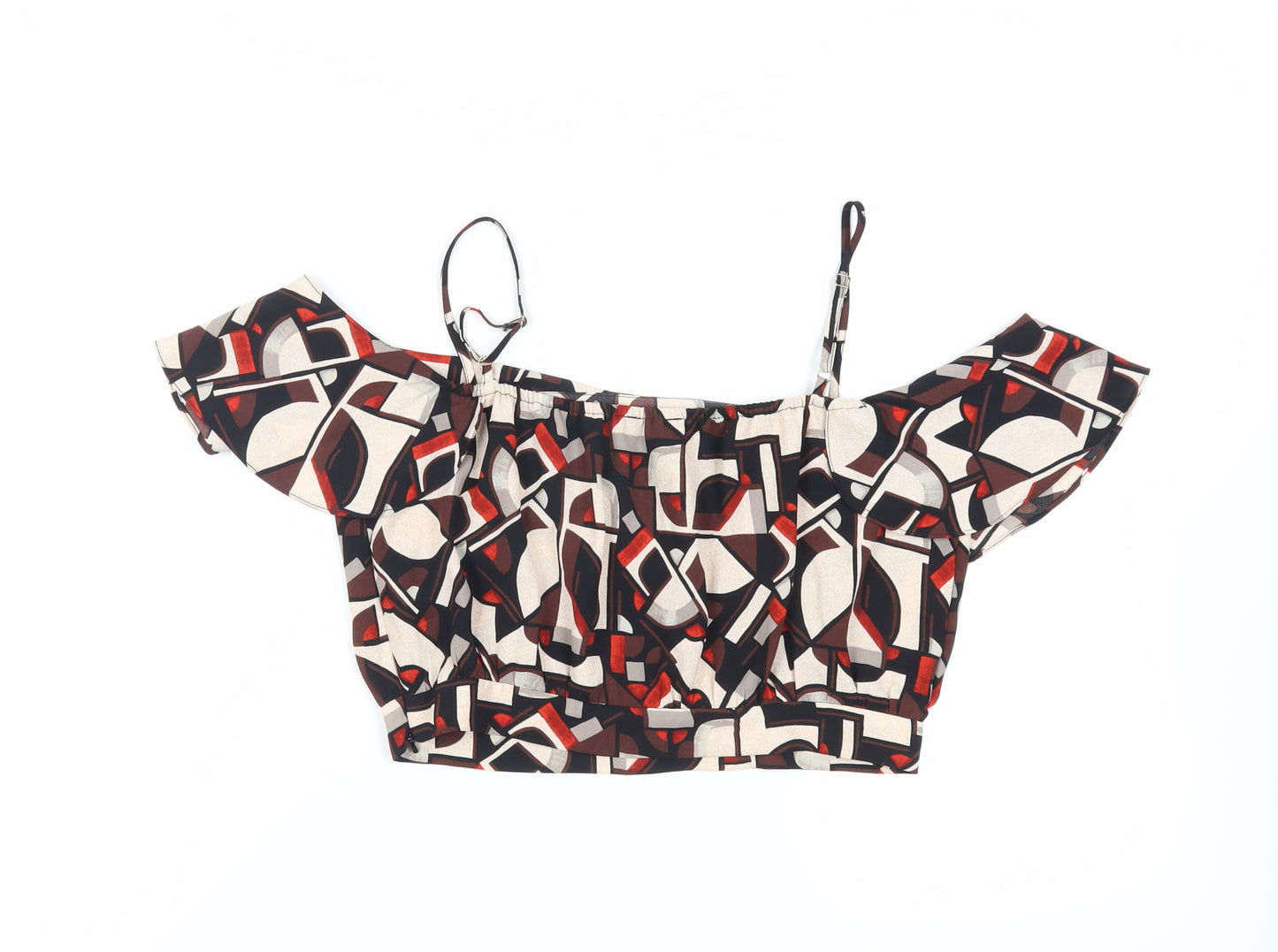 River Island Womens Brown Geometric Polyester Cropped Tank Size 12 Off the Shoulder - Ruffle