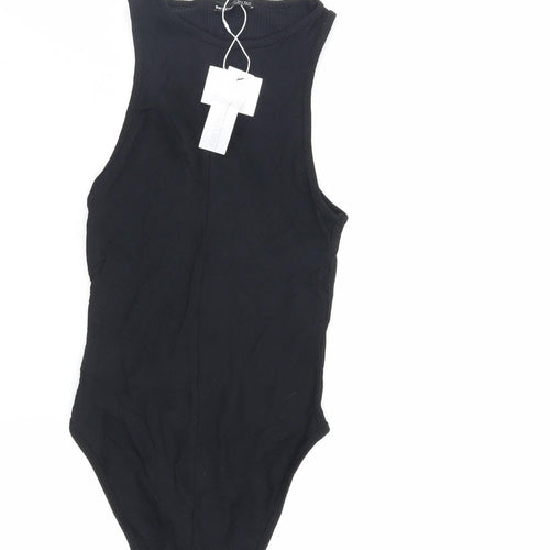 Bershka Womens Black Polyamide Bodysuit One-Piece Size S Snap - Ribbed