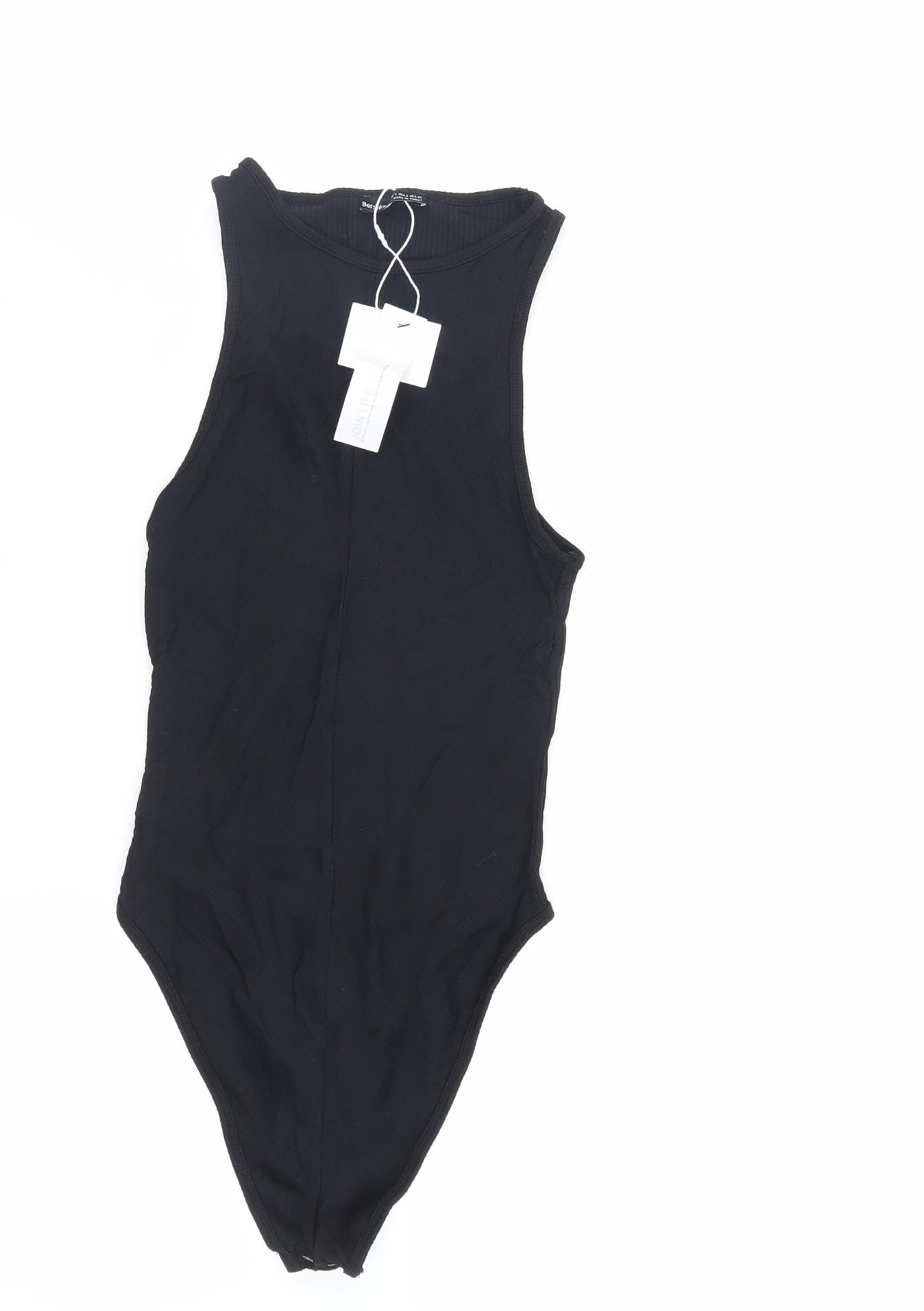 Bershka Womens Black Polyamide Bodysuit One-Piece Size S Snap - Ribbed