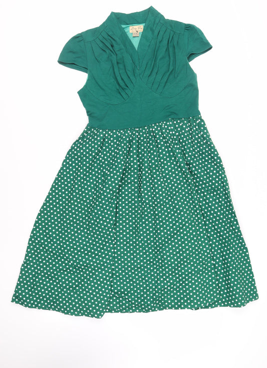 Lindy Bop Womens Green Polka Dot Viscose Fit & Flare Size 12 V-Neck Zip