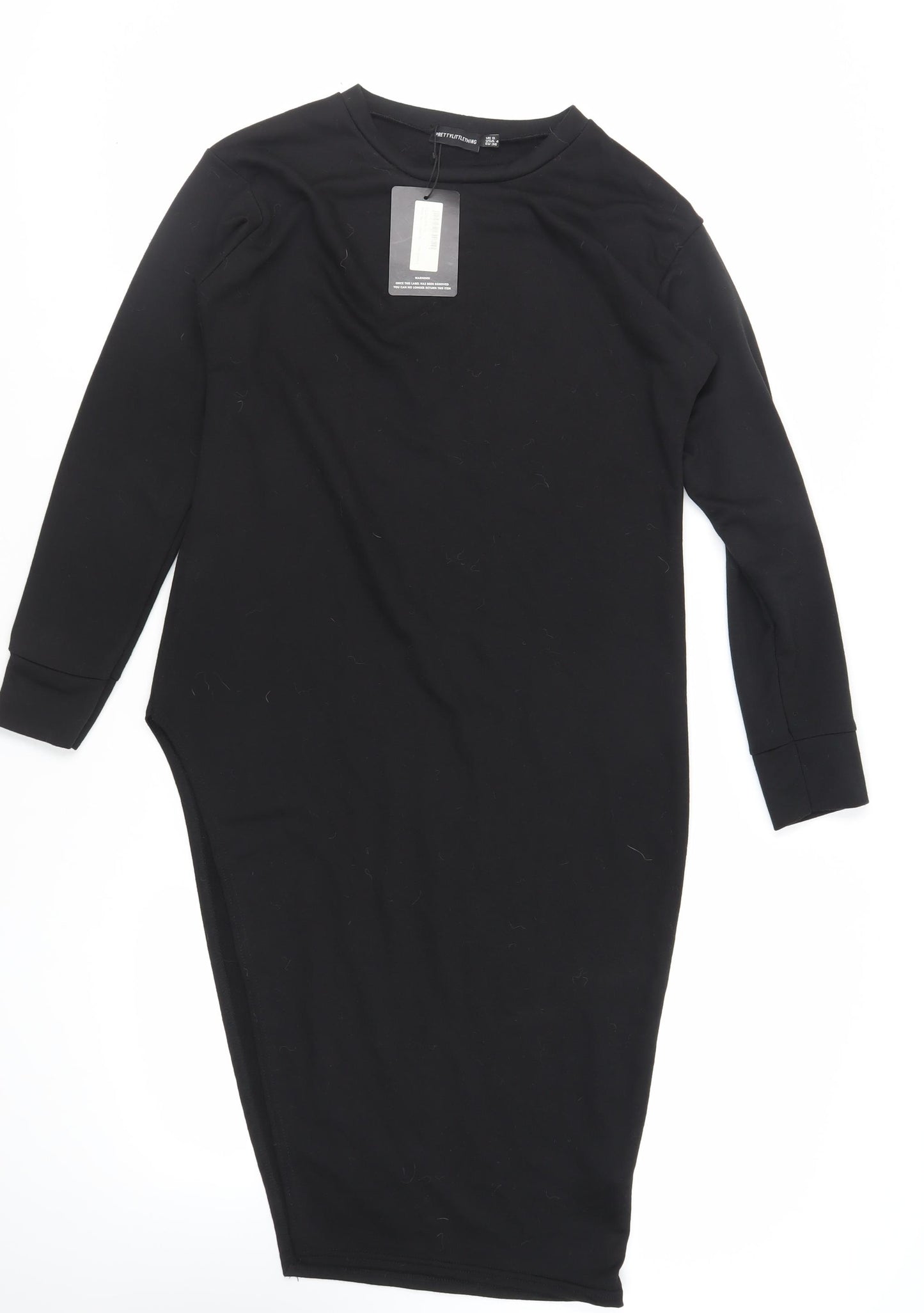 PRETTYLITTLETHING Womens Black Polyester Jumper Dress Size 8 Crew Neck - Side Slit