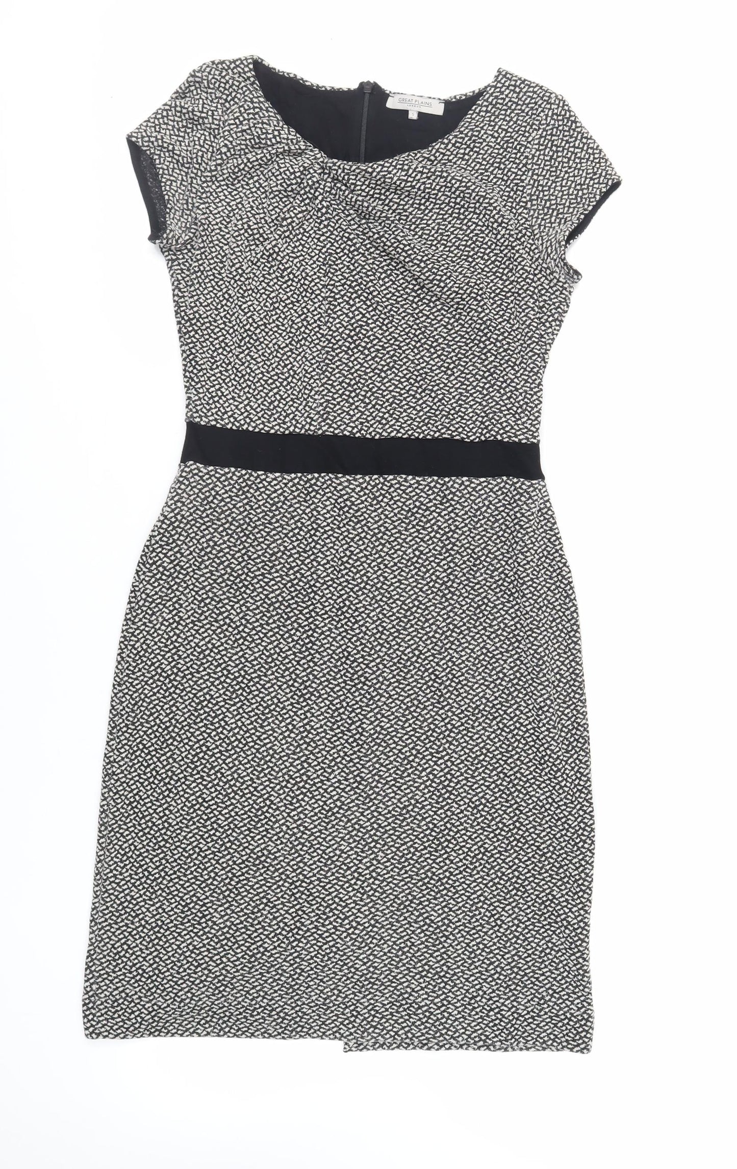 Great Plains London Womens Black Geometric Viscose Pencil Dress Size S Boat Neck Zip