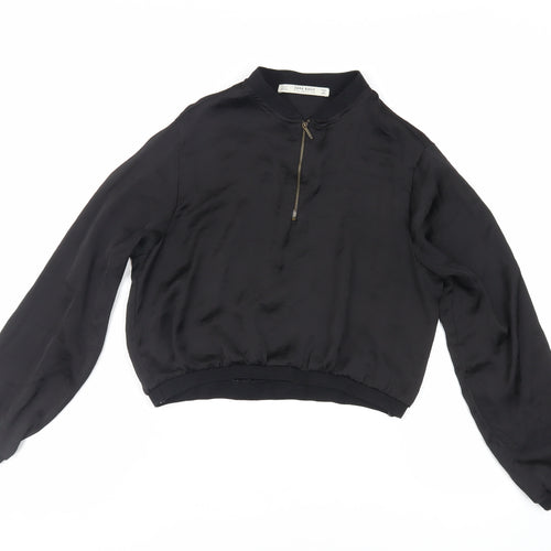 Zara Womens Black Viscose Basic Blouse Size S Mock Neck - Embroidered Detail