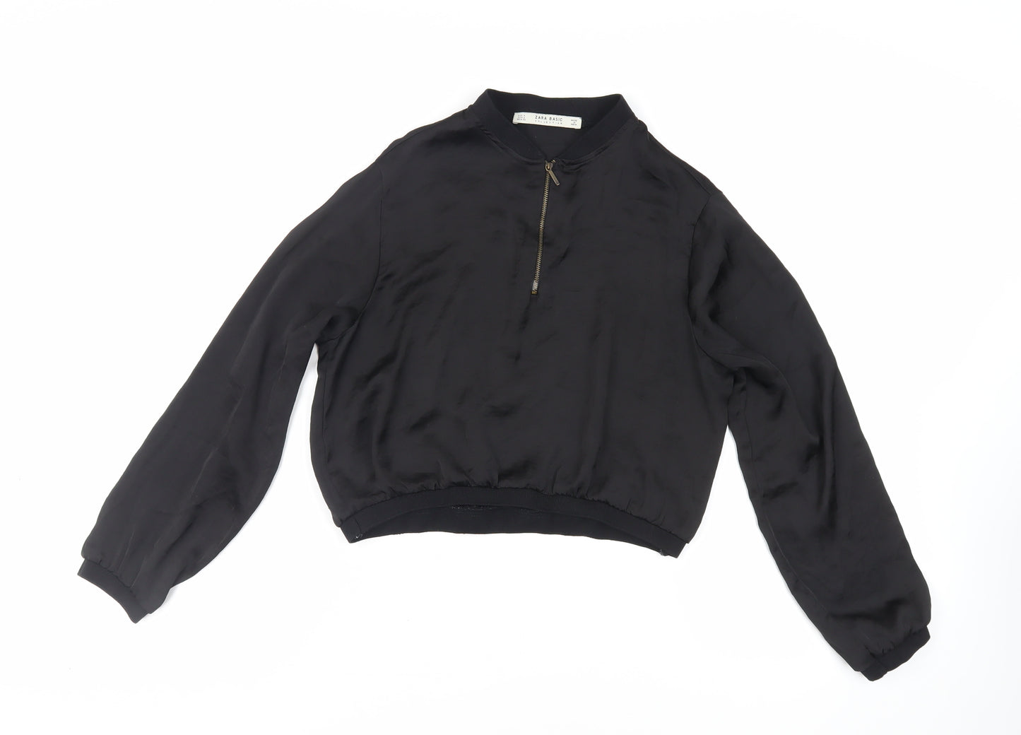 Zara Womens Black Viscose Basic Blouse Size S Mock Neck - Embroidered Detail