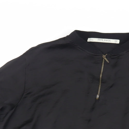 Zara Womens Black Viscose Basic Blouse Size S Mock Neck - Embroidered Detail