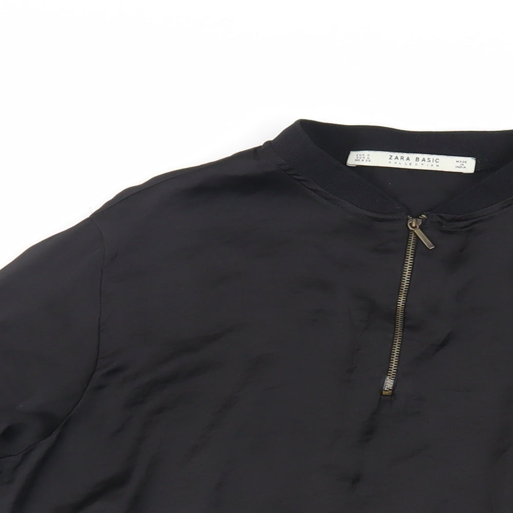 Zara Womens Black Viscose Basic Blouse Size S Mock Neck - Embroidered Detail