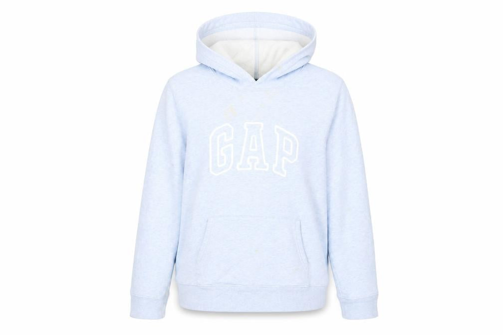 Front view of Gap women’s blue cotton pullover hoodie, size XL, pullover - logo pockets