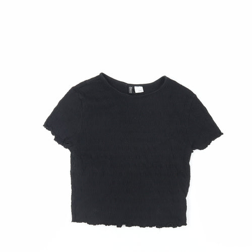 H&M Womens Black Cotton Cropped T-Shirt Size S Crew Neck - Textured