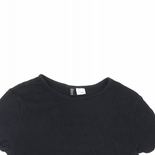 H&M Womens Black Cotton Cropped T-Shirt Size S Crew Neck - Textured