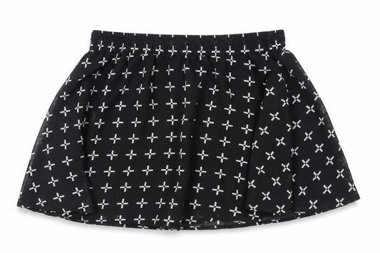 Front view of Vans women’s black geometric polyacrylate fibre mini skirt, size S, - elasticated waist