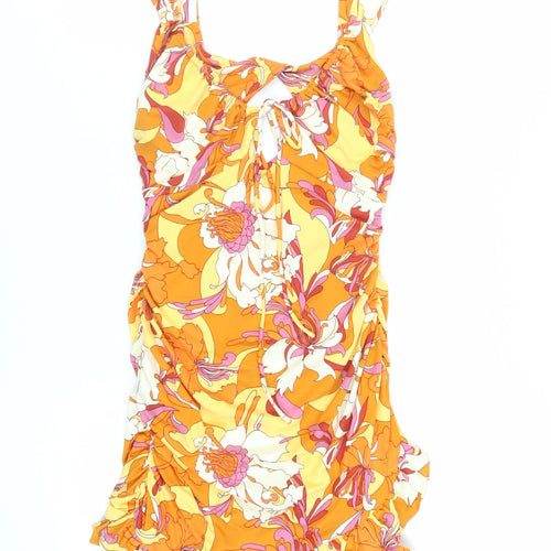 Urban Outfitters Womens Orange Floral Polyester Mini Size M Scoop Neck Pullover - Ruched