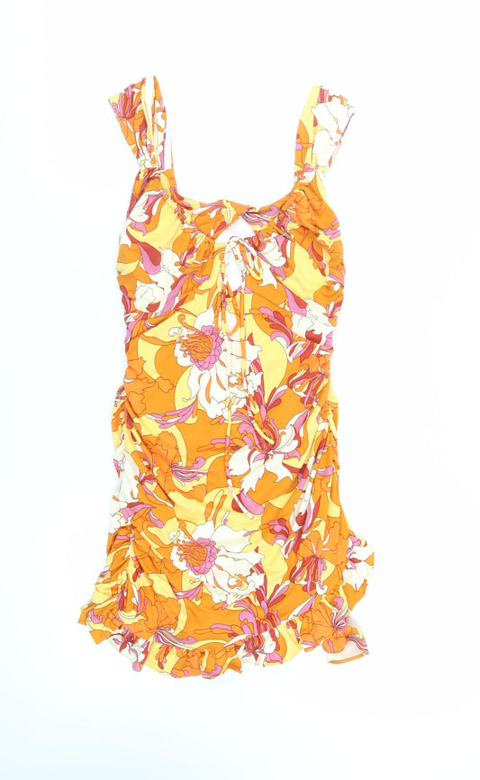 Urban Outfitters Womens Orange Floral Polyester Mini Size M Scoop Neck Pullover - Ruched