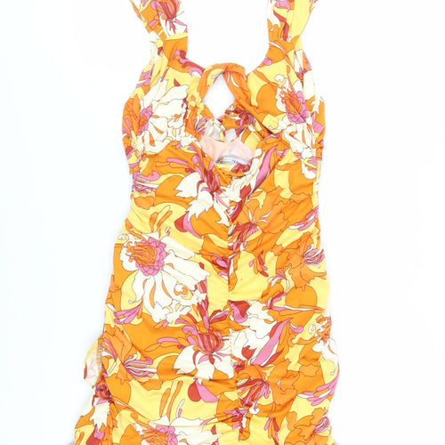 Urban Outfitters Womens Orange Floral Polyester Mini Size M Scoop Neck Pullover - Ruched