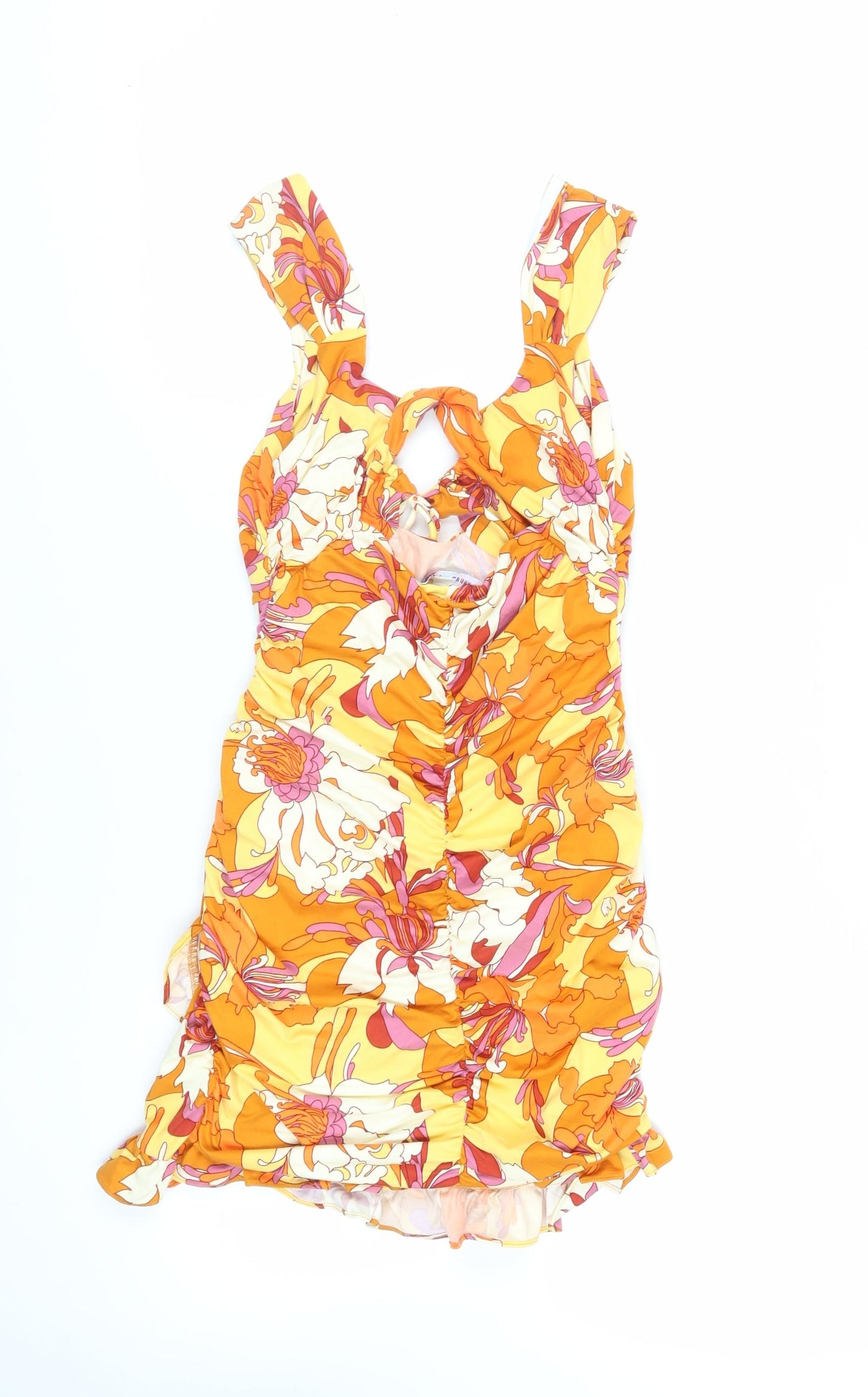 Urban Outfitters Womens Orange Floral Polyester Mini Size M Scoop Neck Pullover - Ruched