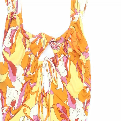 Urban Outfitters Womens Orange Floral Polyester Mini Size M Scoop Neck Pullover - Ruched