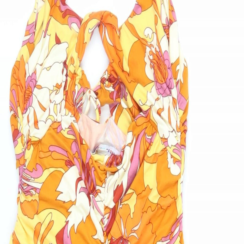 Urban Outfitters Womens Orange Floral Polyester Mini Size M Scoop Neck Pullover - Ruched