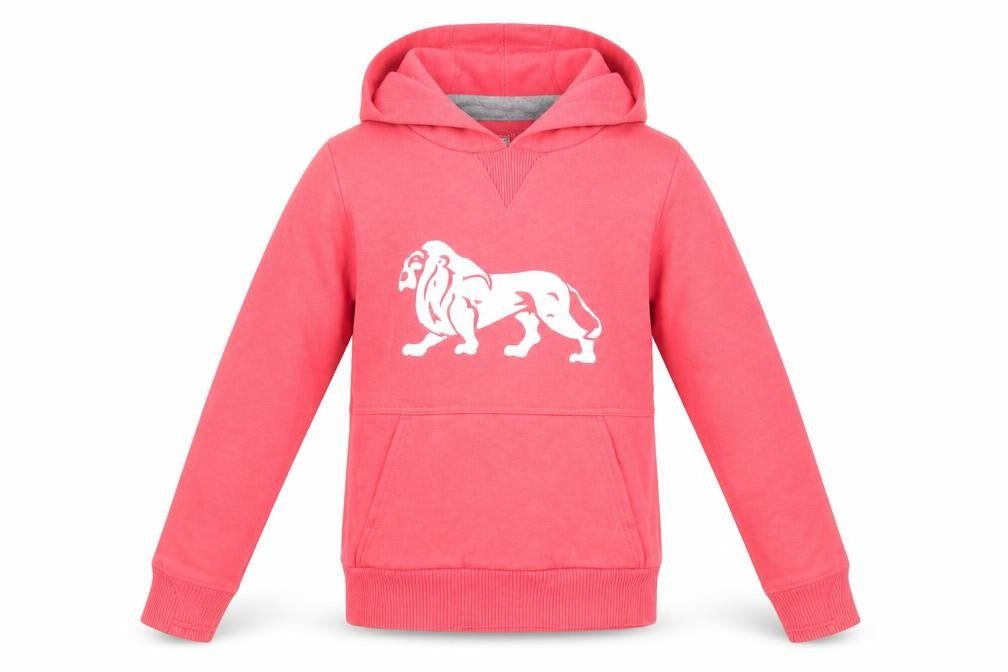Front view of Lonsdale girls’ pink polyester pullover hoodie, size 7-8, years pullover - logo