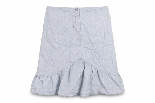 Front view of Sintesis women’s blue striped linen a-line skirt, size UK 20, zip - ruffle
