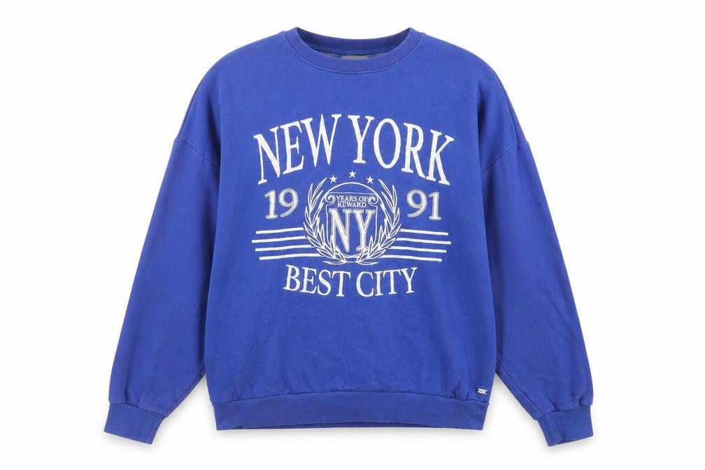 Front view of Pull&Bear women’s blue cotton pullover sweatshirt, size M, pullover - new york
