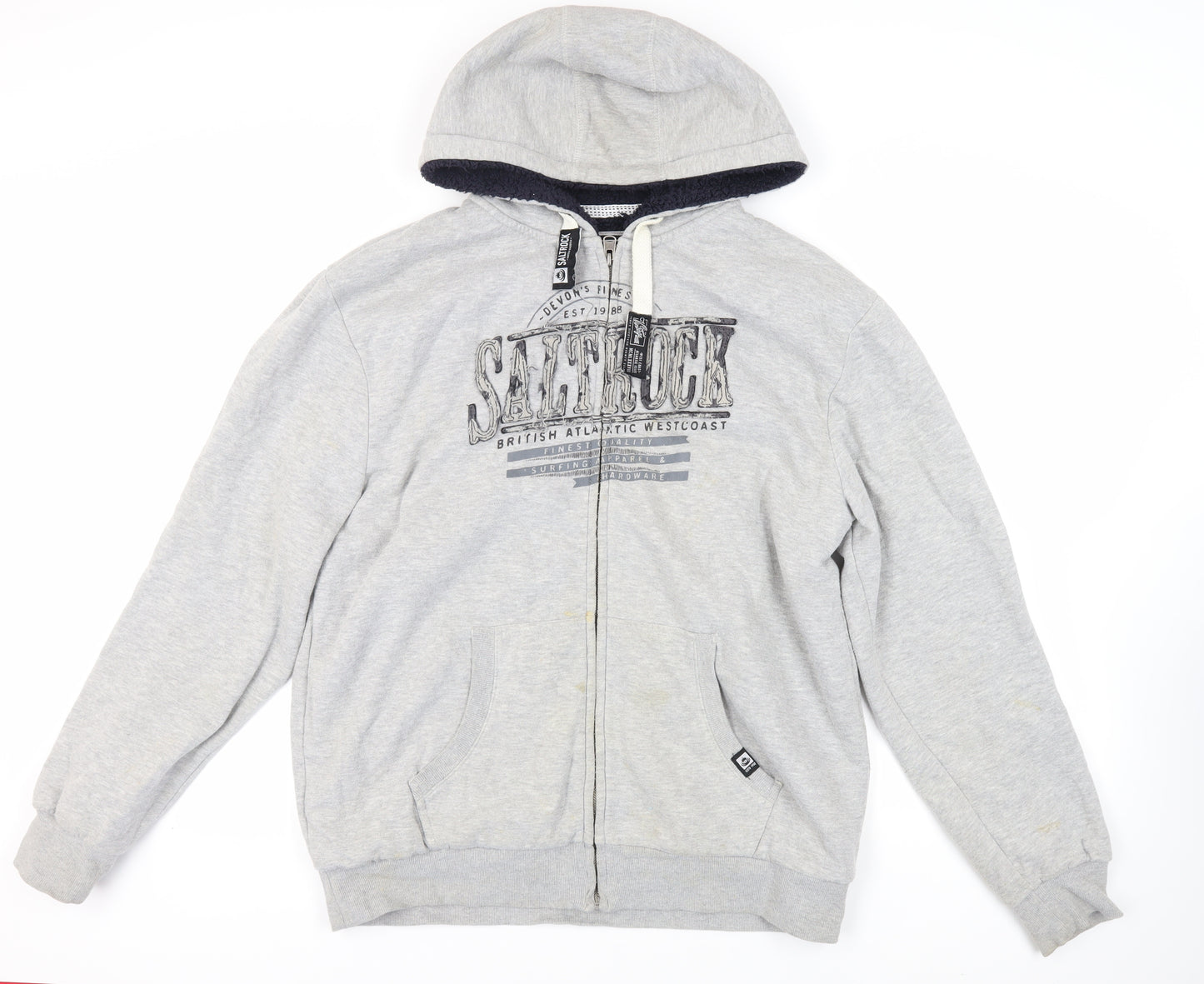 Saltrock Mens Grey Cotton Full Zip Hoodie Size 2XL - Logo Pockets