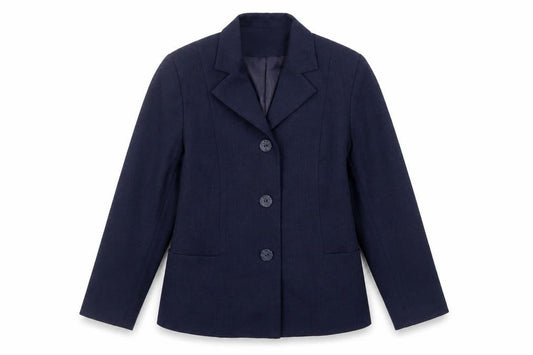 Front view of EWM women’s blue jacket blazer, size UK 14, button