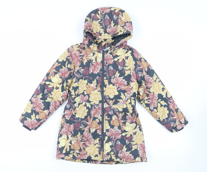 name it Girls Grey Floral Basic Coat Coat Size 7 Years Zip - Hooded