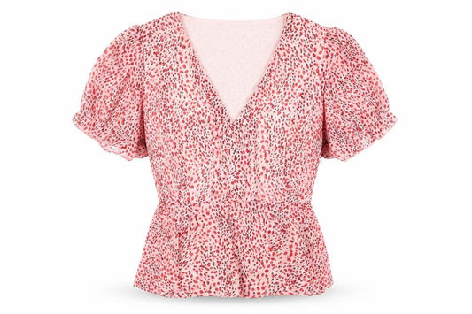 Front view of Quiz women’s pink animal print polyester basic blouse, size UK 12, v-neck - peplum