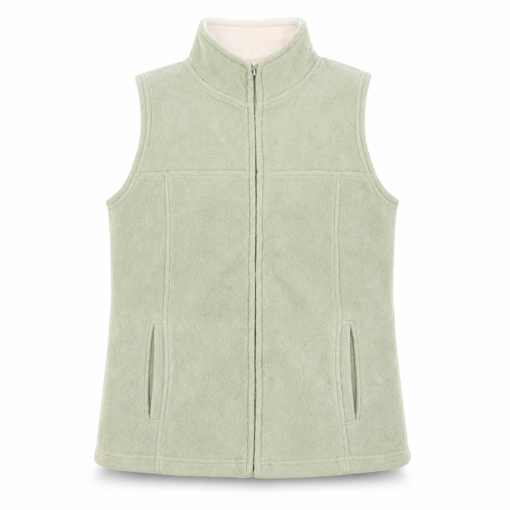 Front view of EWM women’s green gilet jacket, size UK 12, zip - pockets