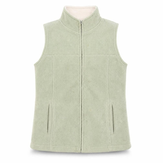 Front view of EWM women’s green gilet jacket, size UK 12, zip - pockets