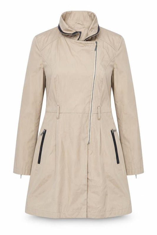 Front view of Oasis women’s beige overcoat coat, size S, zip - zipped pockets