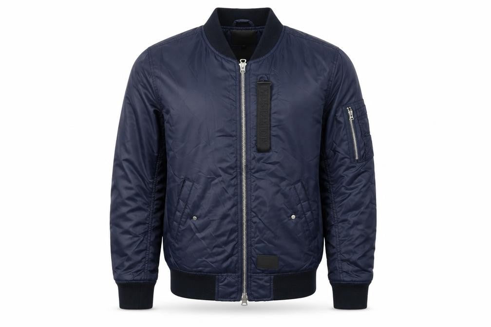 Front view of MUSIUM DIV. men’s blue jacket, size M, zip - logo