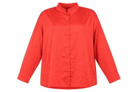 Front view of Boohoo women’s red polyester basic button-up, size UK 22, mock neck