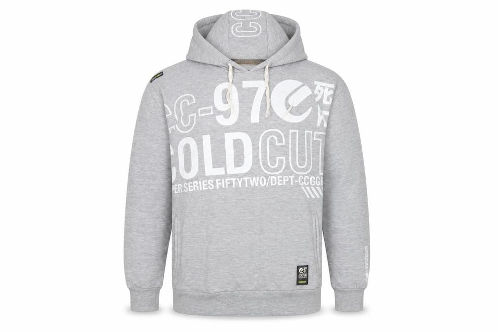 Front view of Super Coldcut men’s grey cotton pullover hoodie, size XL