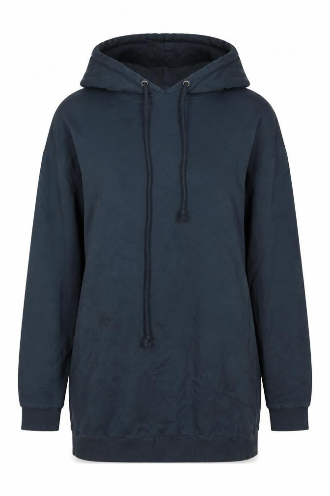 Front view of Collusion women’s blue cotton pullover hoodie, size UK 6, pullover
