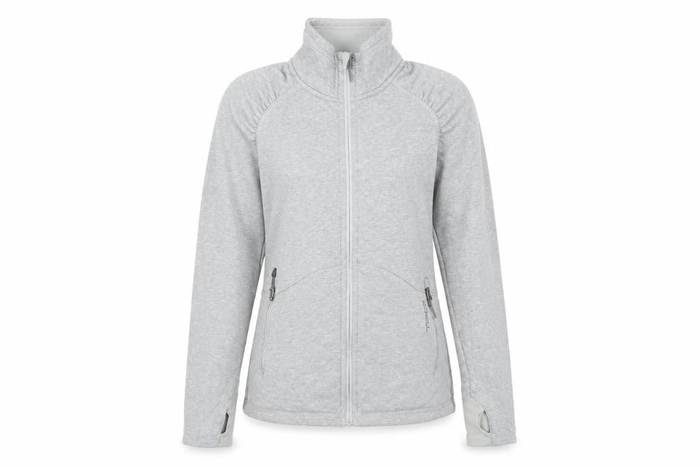 Front view of O'Neill women’s grey polyester full zip sweatshirt, size XL, zip