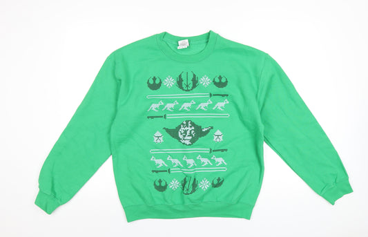 Front view of Star Wars men’s green cotton pullover sweatshirt, size M, - star wars christmas
