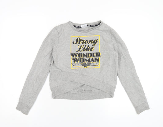 Front view of Wonder Woman girls’ grey cotton pullover sweatshirt, size 9-10, years pullover
