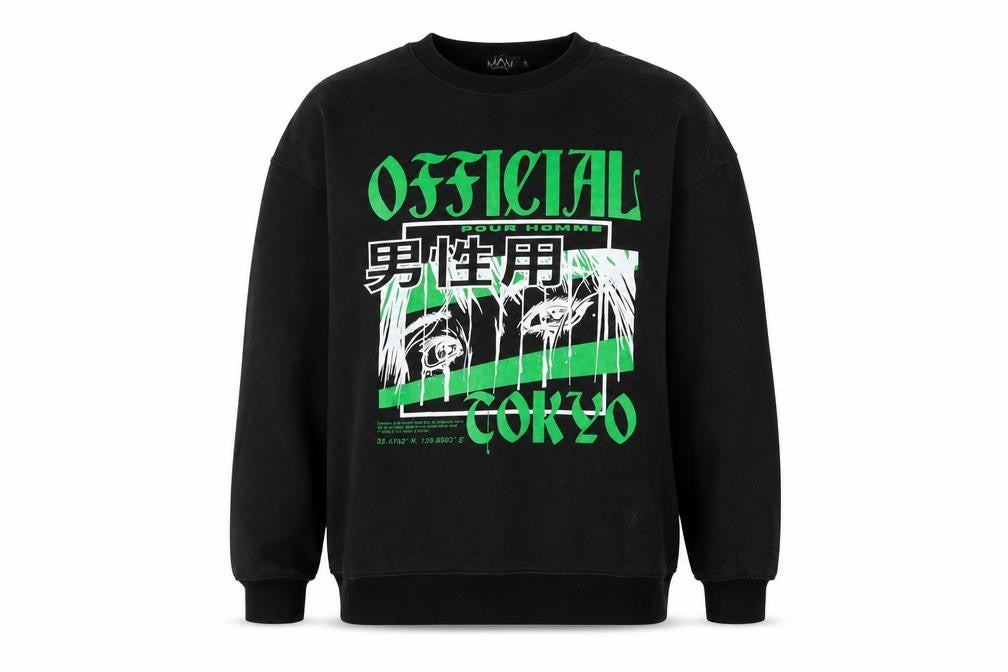 Front view of Boohoo men’s black polyester pullover sweatshirt, size S